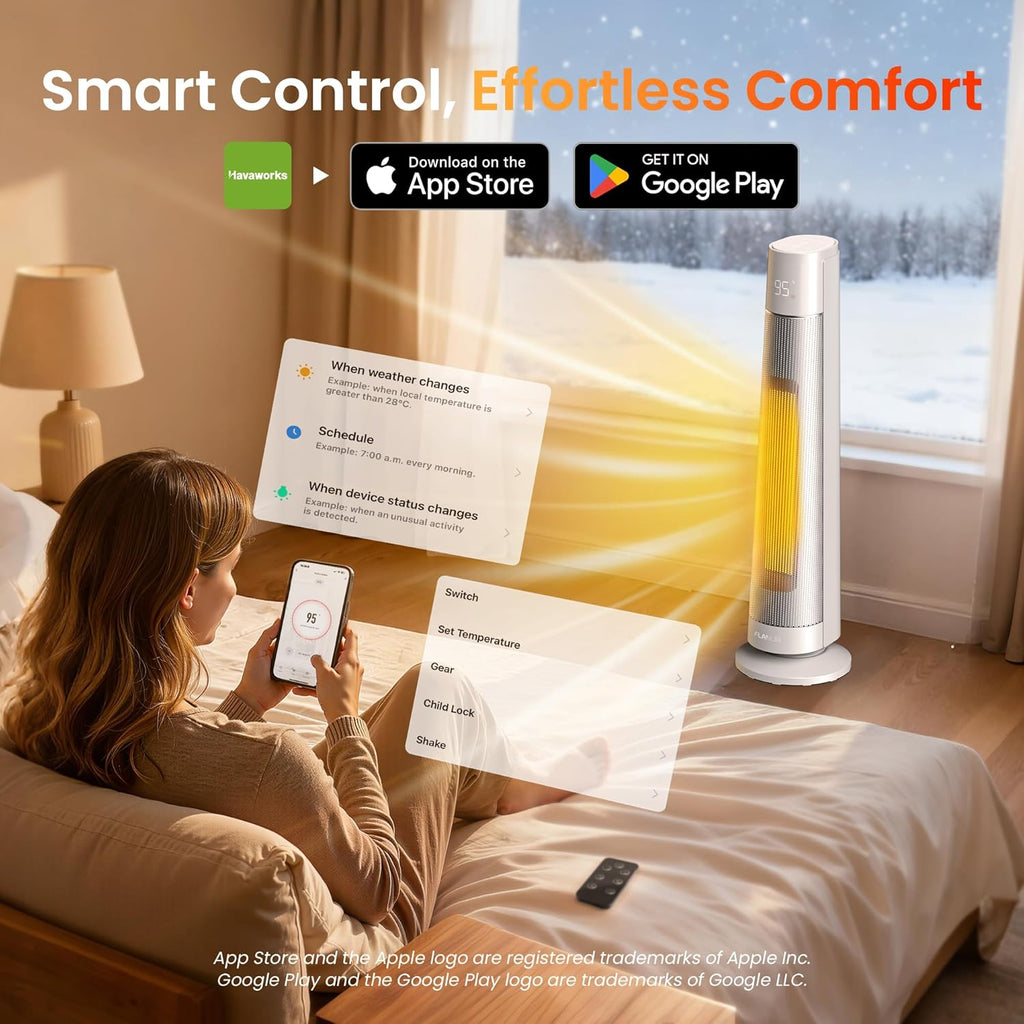 1500W PTC Ceramic Smart Space Heaters for Indoor Use, Portable Heater with Remote & App Control for Large Room, Office, ECO Modes, Safety Protection, 70° Oscillation, 12H Timer, Silver, 1 Pack