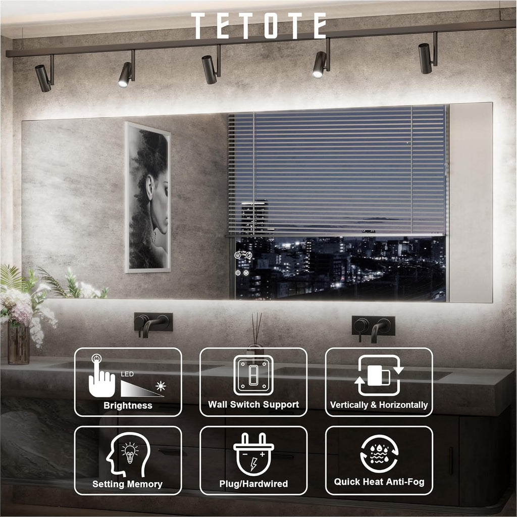 TETOTE 55 x 30 Inch LED Mirror Backlit Bathroom,Anti-Fog Mirror with Light,Dimmable,CRI90+,IP54 Water Proof,Wall Mounted Vanity Lighted,Horizontal/Vertical