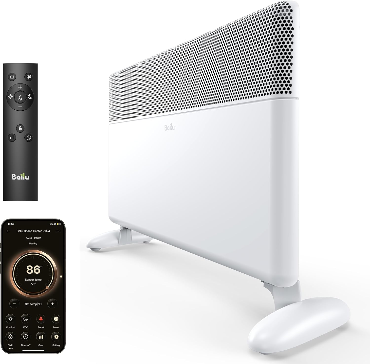 Ballu Convection Panel Space Heater for Large Room,1500W Electric Heater with Programmable Thermostat,WiFi App Control,Standing or Wall Mount,Smart Quiet Heater for Indoor Use,Works with Alexa,White