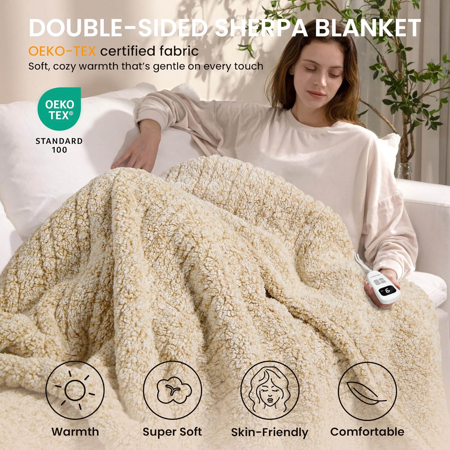 Heated Blanket Electric Blanket Twin - Fast Heating Blanket Throw Double Sided Sherpa Ultra Soft Cozy with 10 Heating Levels & 2-10 Hours Auto Off, Mashine Washable, 62 x 84 Inches, Camel