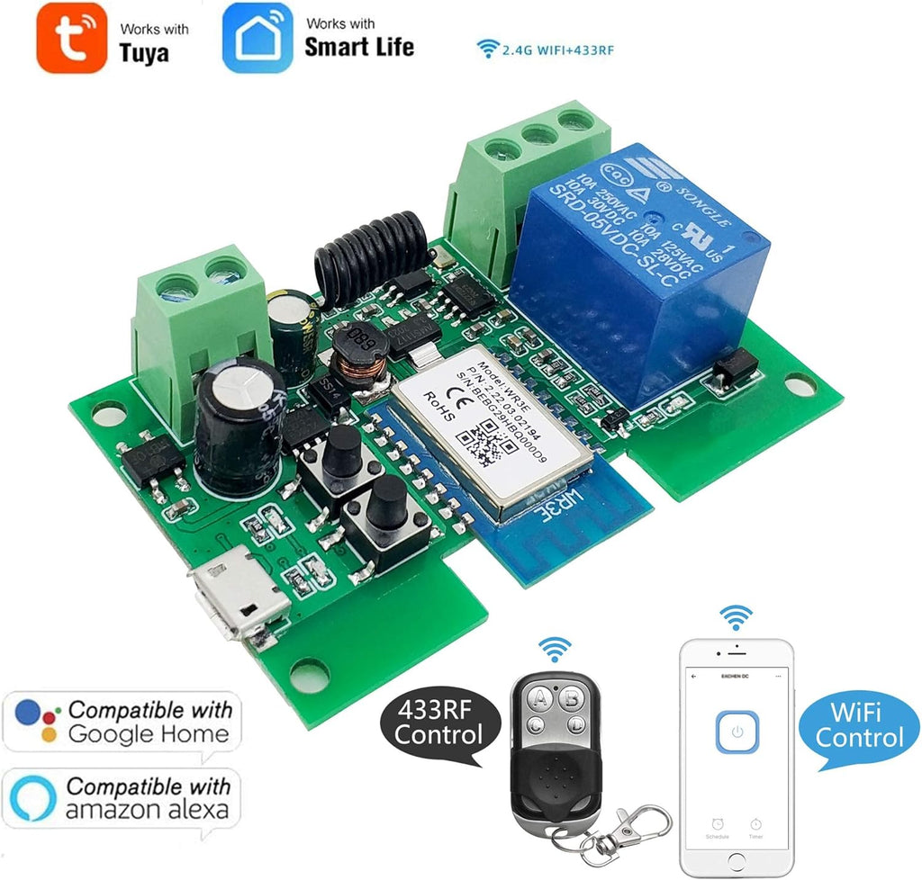 WiFi Inching/Selflocking Relay Modules WiFi Momentary Switch with 433 MHz RF Remote Control(Tuya SmartLife APP)