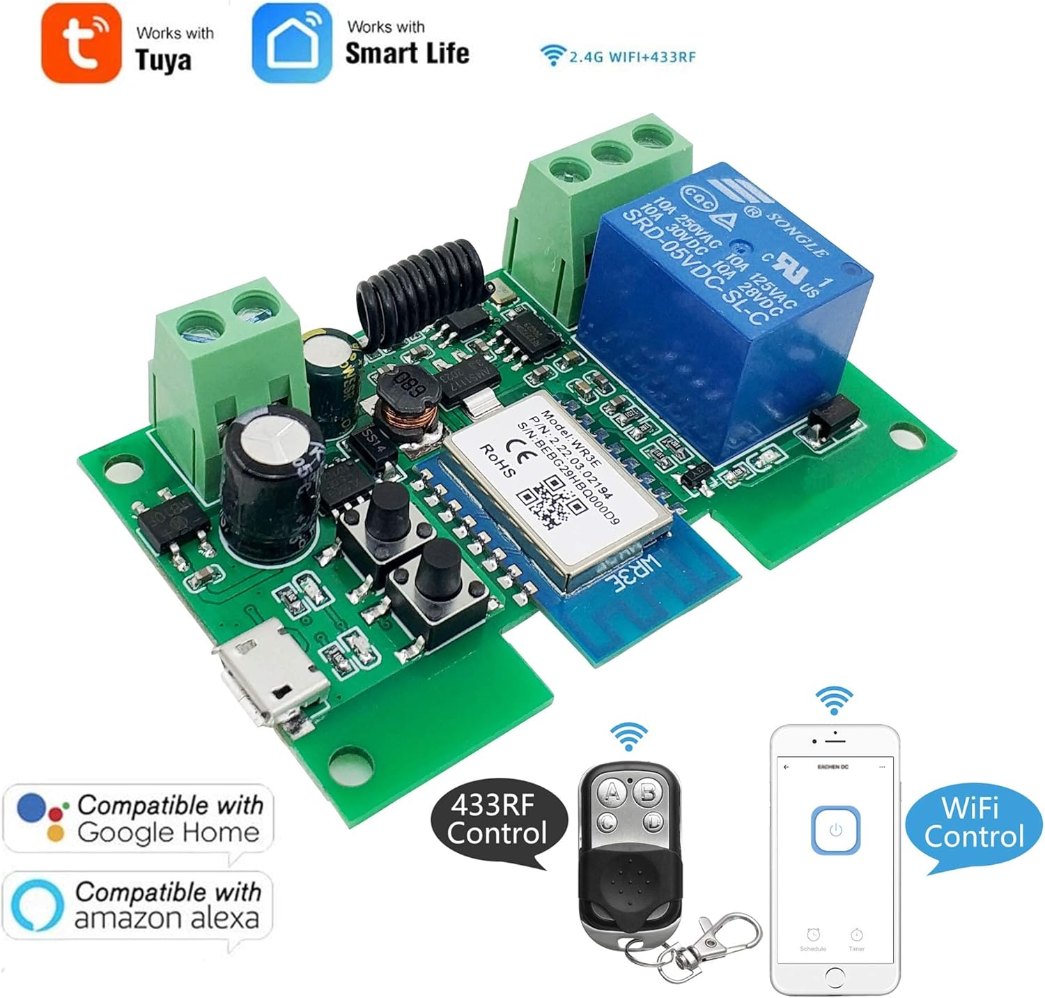 WiFi Inching/Selflocking Relay Modules WiFi Momentary Switch with 433 MHz RF Remote Control(Tuya SmartLife APP)
