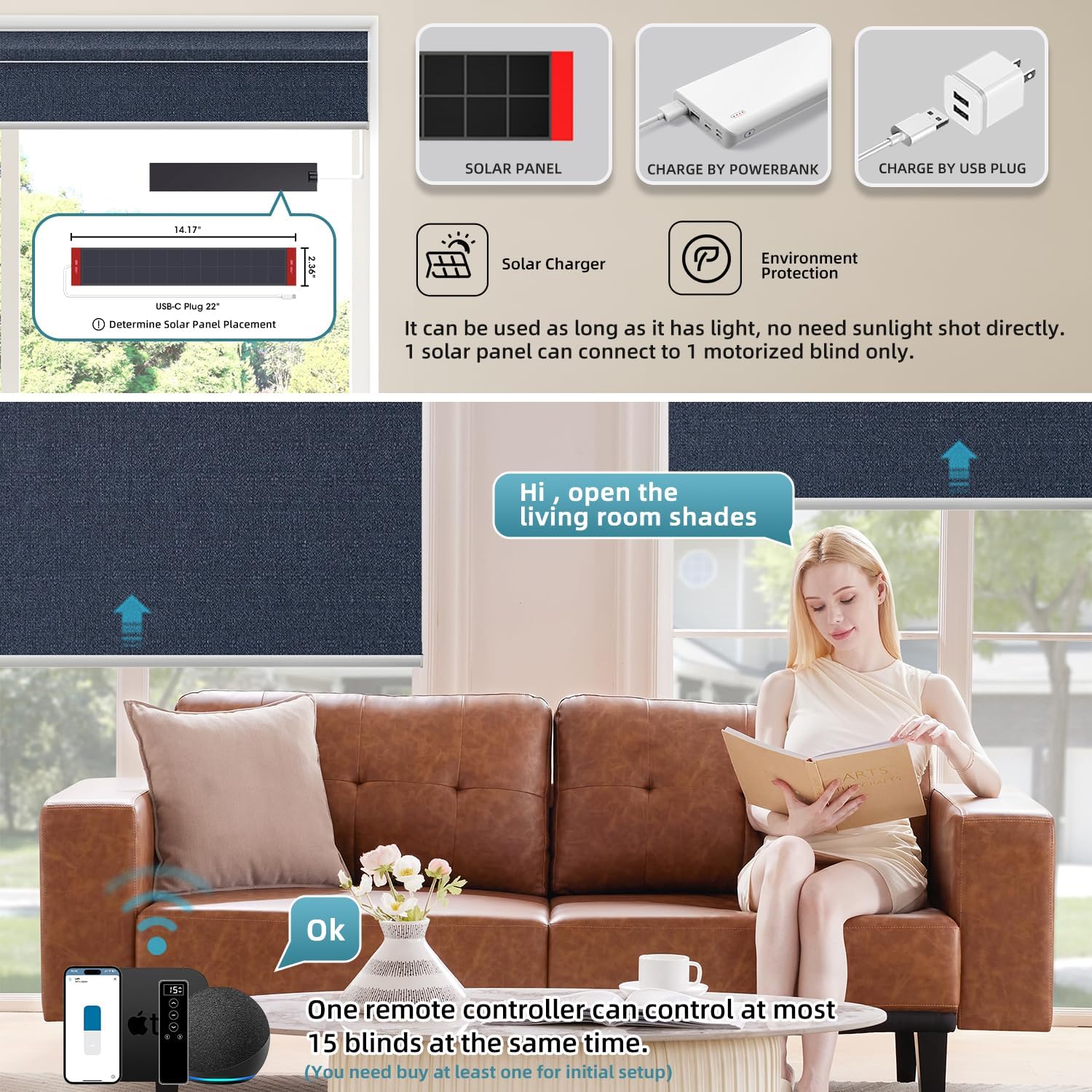SmartWings Motorized 100% Blackout Shades Blinds, Custom Size, Cordless Window Shades with Rechargeable Battery, Work with Matter/Apple HomeKit, Alexa, Thread/Zigbee, Remote Optional, Eclipse Denim