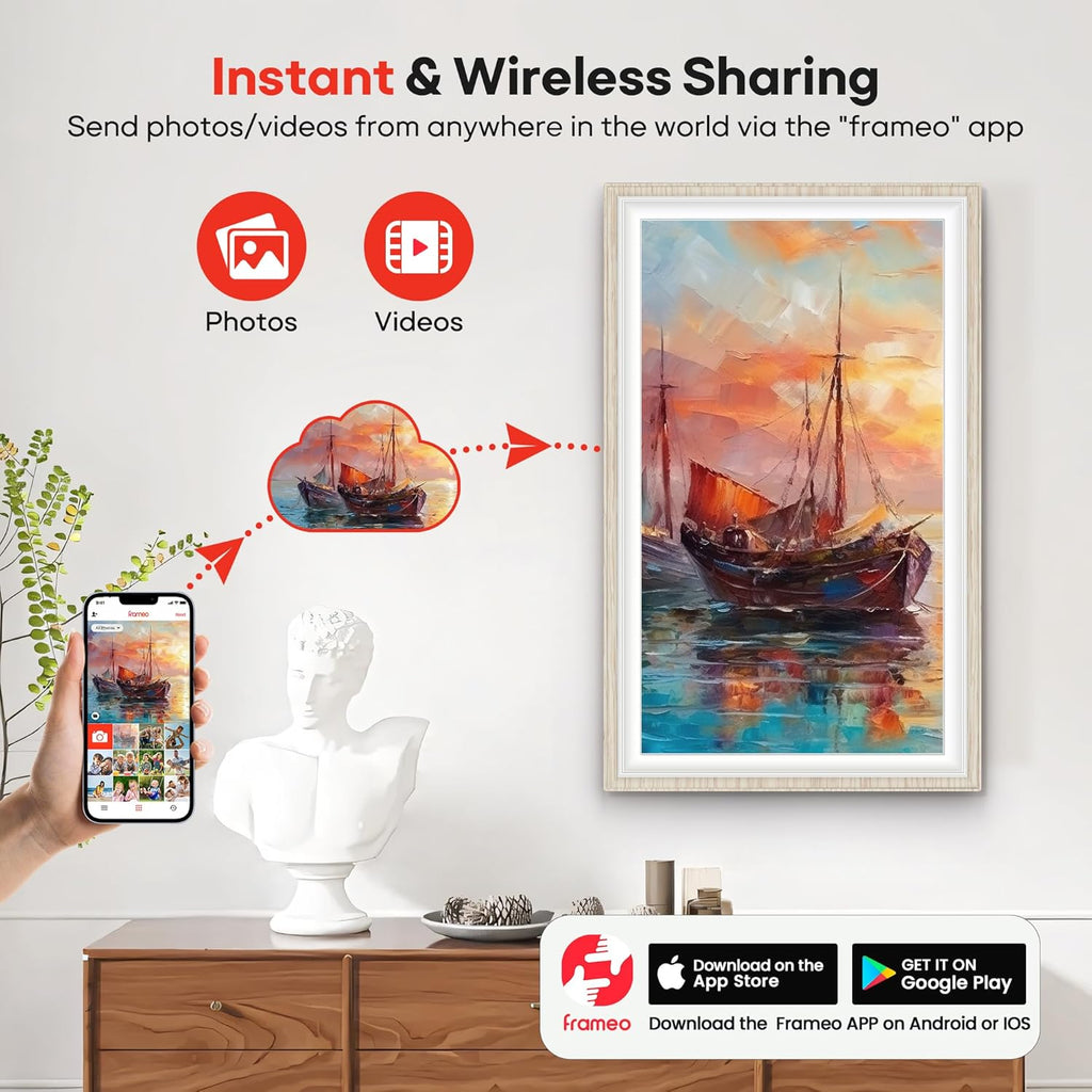 64GB Frameo 15.6" Digital Picture Frame Large 1920 x 1080 IPS FHD Touch Screen WiFi Electronic Photo Frames Share Moments Instantly Anywhere Best Gifts for Parents and Grandparents White Wood