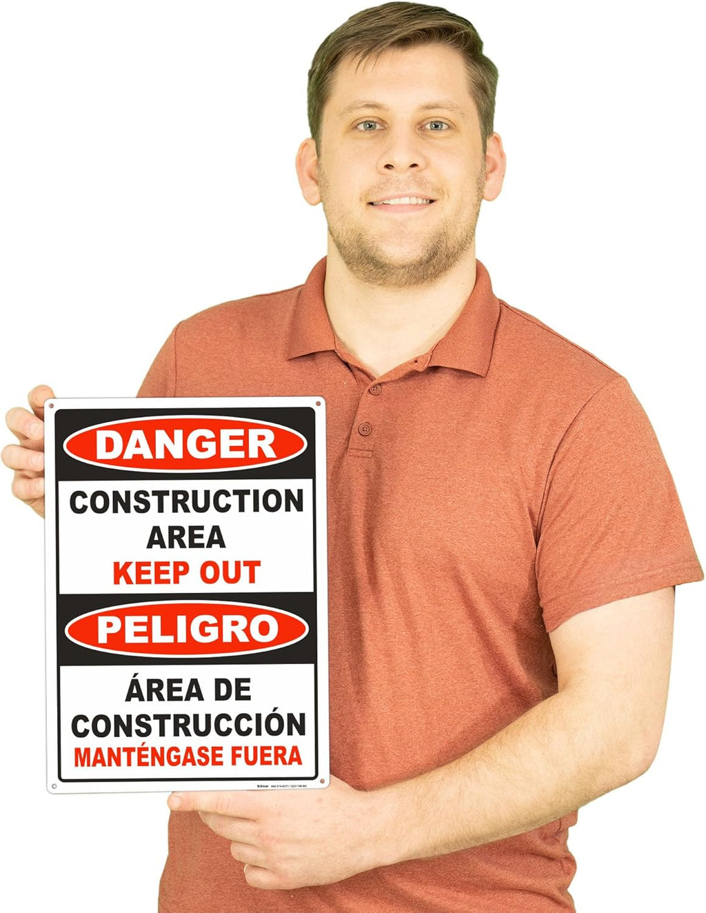 Brimar - 10" x 14" - Bilingual Danger Construction Area Keep Out Sign - .055″ Polyethylene Plastic - Bold Text And Symbol - Easy Installation