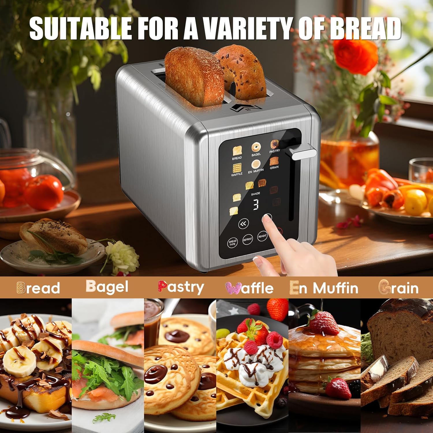 2 Slice Toaster,Touchscreen & Dual Independent Control Panel,5 Basic Functions & Digital Countdown Toasters,6 Shade Settings＆6 Bread Types,Smart Bread Maker Mute/Screen-Off,Silver