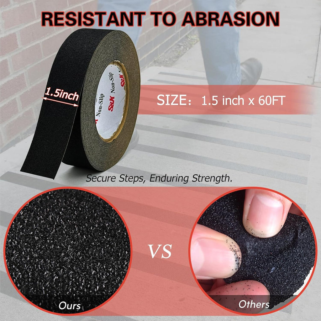 S&X Non Slip Tape 1 1/2 INCH x 60 FT Grip Tape for Stairs, Steps Waterproof and Durable, Black