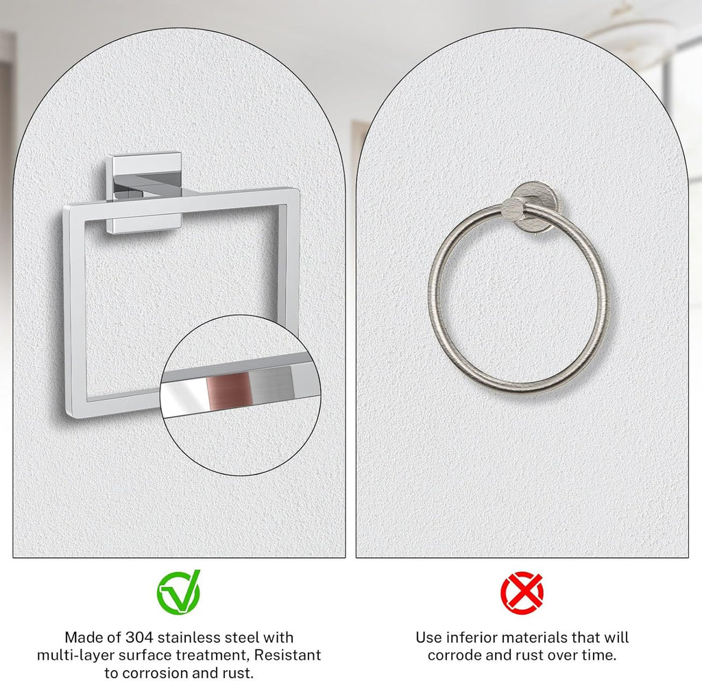 Polished Chrome Towel Ring Square Hand Towel Holder Towel Hanger Bathroom Hardware Accessories Stainless Steel Wall-Mounted Towel Rack