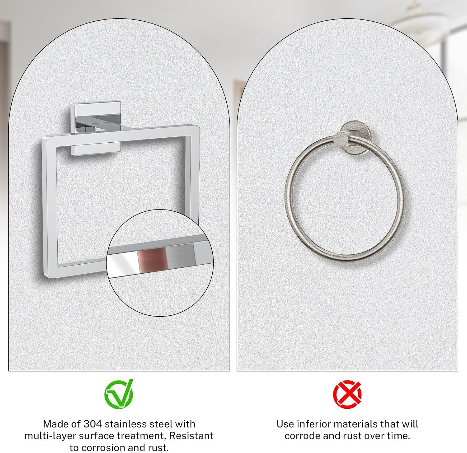 Polished Chrome Towel Ring Square Hand Towel Holder Towel Hanger Bathroom Hardware Accessories Stainless Steel Wall-Mounted Towel Rack