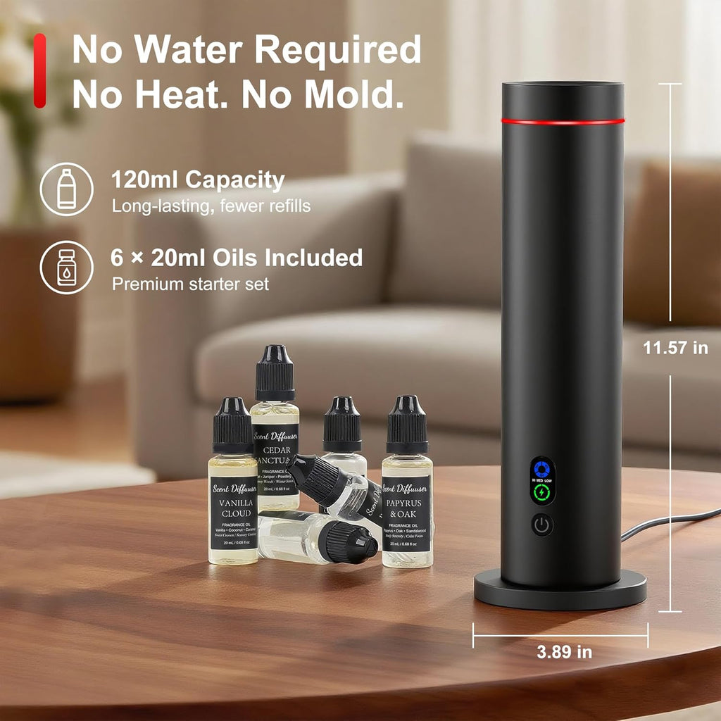 Waterless Diffuser, 1000 Sq.Ft Coverage, Essential Oil Diffuser with Tilt-Safe, Remote Control, Adjustable Mist Mode, Mood Lights Aromatherapy Diffuser for Home, Large Room, Office, Hotel, Black