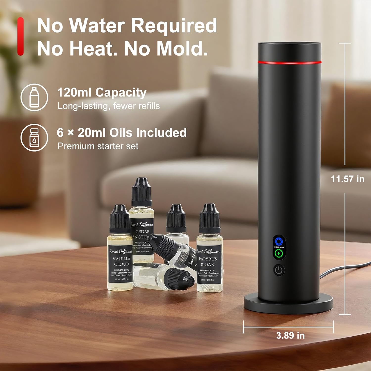Waterless Diffuser, 1000 Sq.Ft Coverage, Essential Oil Diffuser with Tilt-Safe, Remote Control, Adjustable Mist Mode, Mood Lights Aromatherapy Diffuser for Home, Large Room, Office, Hotel, Black