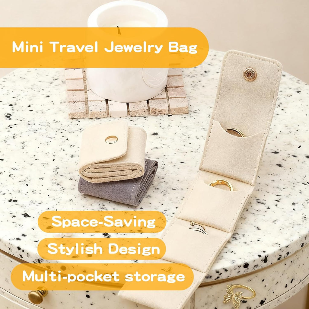 2 PCS Mini Travel Jewelry Bag with Buckle, Portable Foldable Roll Bag for Earrings, Rings, Necklaces and Compact Storage
