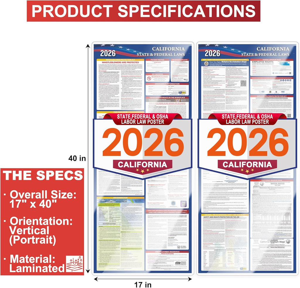 2026 California State and Federal Labor Laws Poster Set- OSHA Compliant UV Waterproof Laminated 17" x 40" English Version 2PCS Folded - All in One Compliance Posting