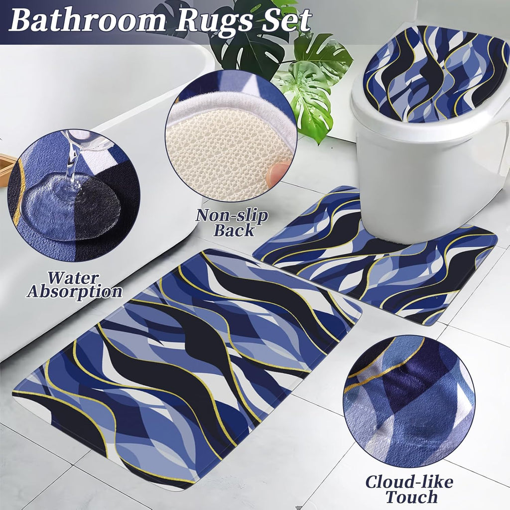 Bathroom Set - Blue and Gold Bathroom Accessories, Bathroom Sets with Shower Curtain and Rugs, Navy Blue Shower Curtain Set with Bathroom Trash Can, Soap Dispenser, Soap Dish for Home Decor