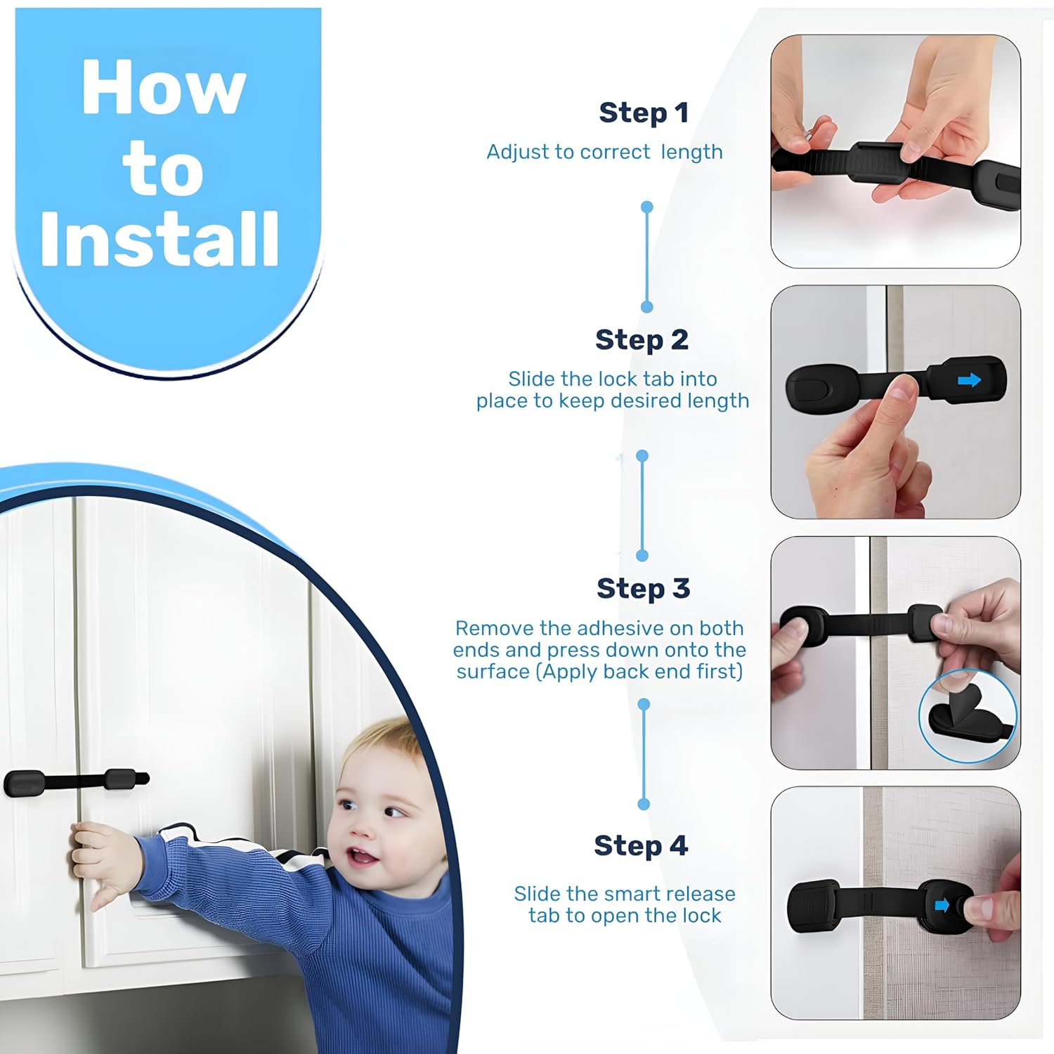 3M Adhesive Child Safety Strap Locks by Baby Proof Me, Baby Latches for Cabinets, Dishwashers, Fridges, Ovens and Trash Cans, Stain Free Toilet Lock (Black, 24 Safety Latches)