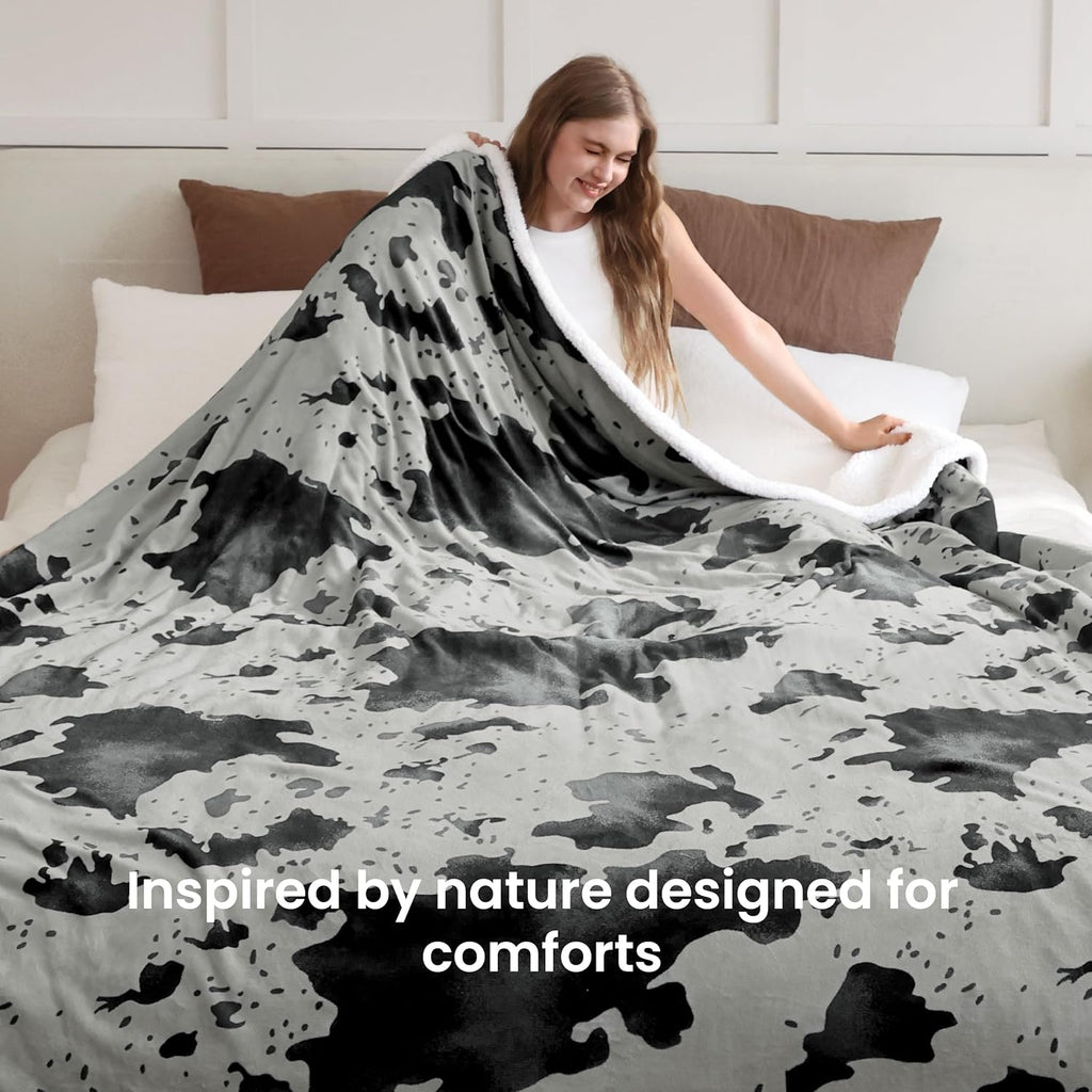Cow Print Electric Heated Blanket Queen-Dual Control Heating Blanket Queen Size with 10 Heat Levels & 10 Hours Auto-Off, Cozy Soft Fleece Sherpa, Washable, 84x90 Inche Cow Print Grey