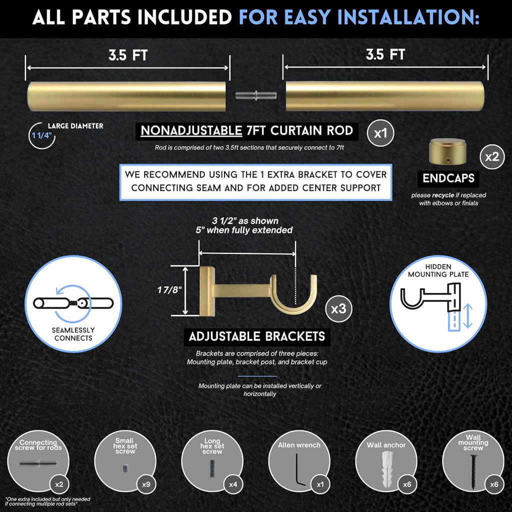 BlastHome® Non-Adjustable Luxury Curtain Rods for Windows, 1 ¼” Rod Set, 7 foot Fixed Length (Two Rods Connect for a Seamless Look), Brushed Gold