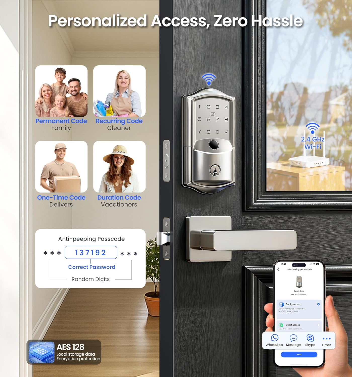 Veise VE027-L Built-in WiFi Smart Door Lock with Lever Handle Set, Fingerprint keyless Entry Door Lock, App Remote Control, Electronic Digital Keypad Deadbolt for Front Door, Auto Lock, Satin Nickel