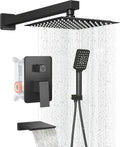Shower Faucet Set Complete Matte Black Shower System with 10 inch Square Rainfall Shower Head 3-Function Handheld Shower Waterfall Bathtub Spout Rain Shower Combo Set Bathroom Wall Mounted