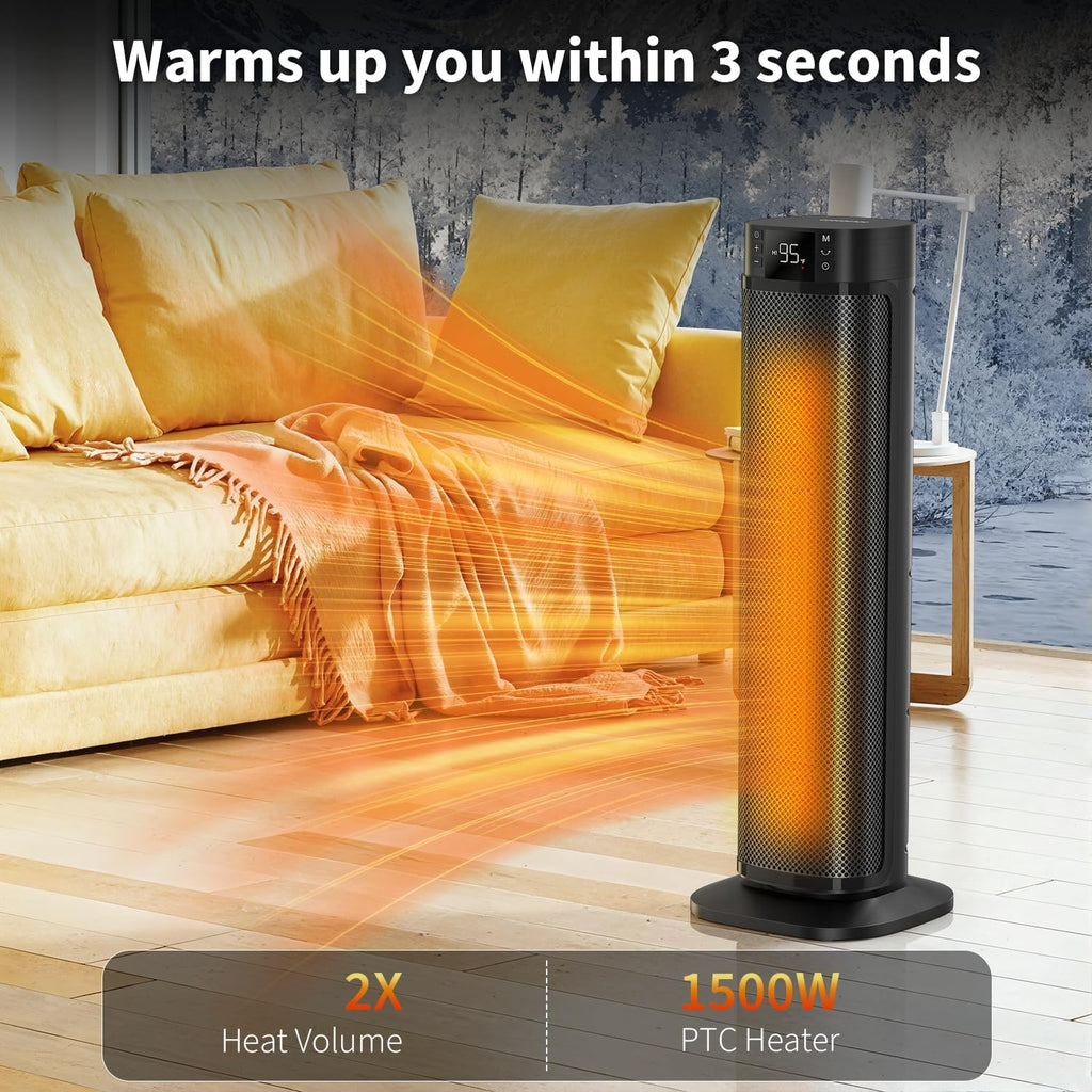 Space Heaters for Indoor Use, 24" Electric Space Heater, 1500W PTC Ceramic Heater for Office with Remote, Thermostat, 3 Modes, 35dB Quiet, 12H Timer Portable Heater for Bedroom Home Large Rooms