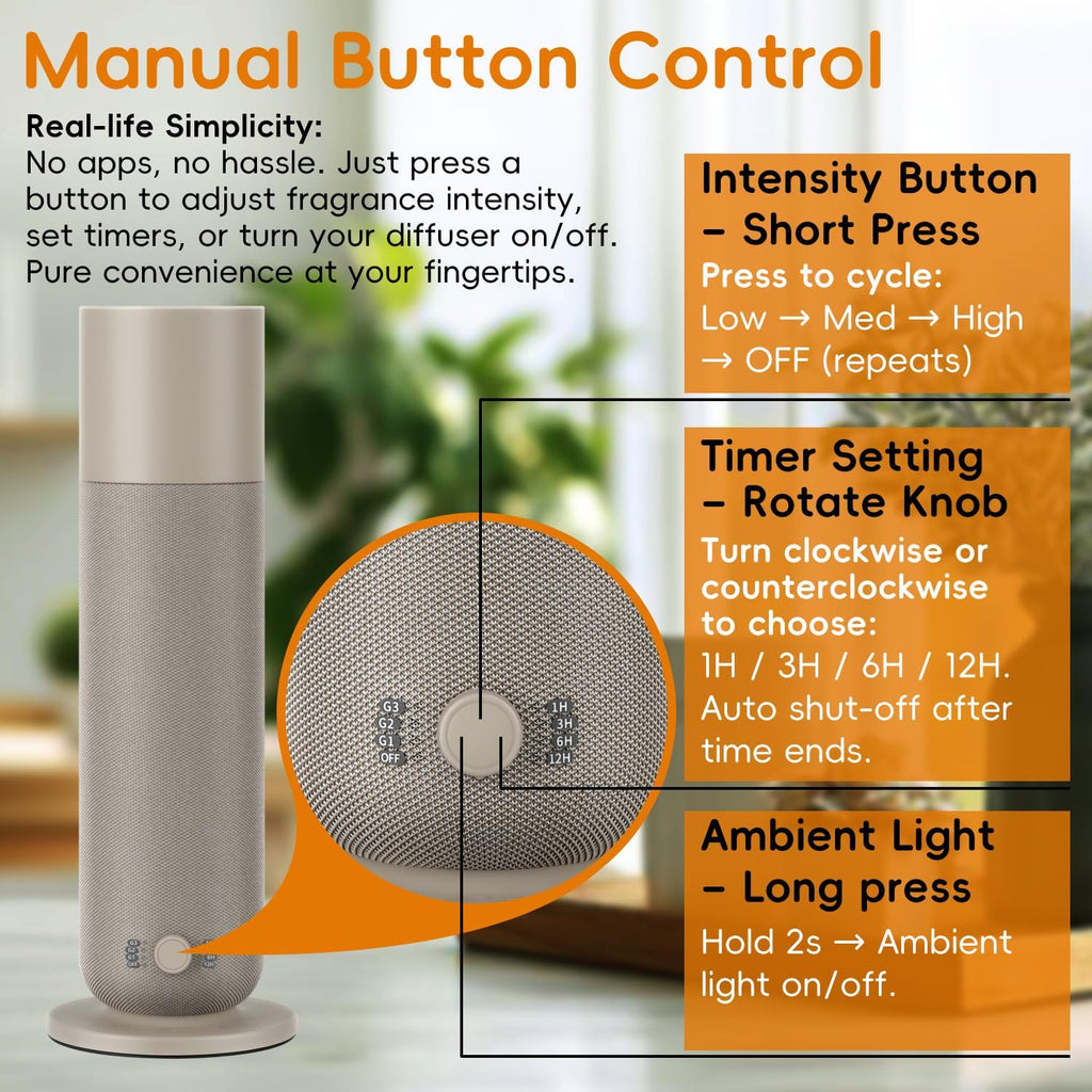 Waterless Diffuser with Fabric-Wrapped Design, OliveTech Cold Air Scent Diffusers for Home & Office, Hotel Collection Diffuser, Adjustable Intensity, Ambient Light, 1 x 30ml Essential Oil Included