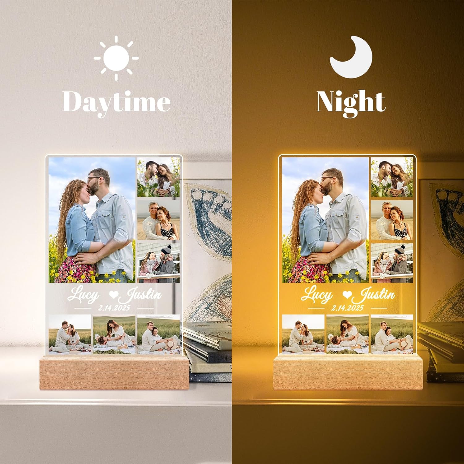 Custom Picture Frames, Personalized Picture Frame with Night Light, Customized Photo Frame, Personalized Anniversary Valentines Day Gifts for Women Men Her Him Girlfriend Boyfriend Couple Wife