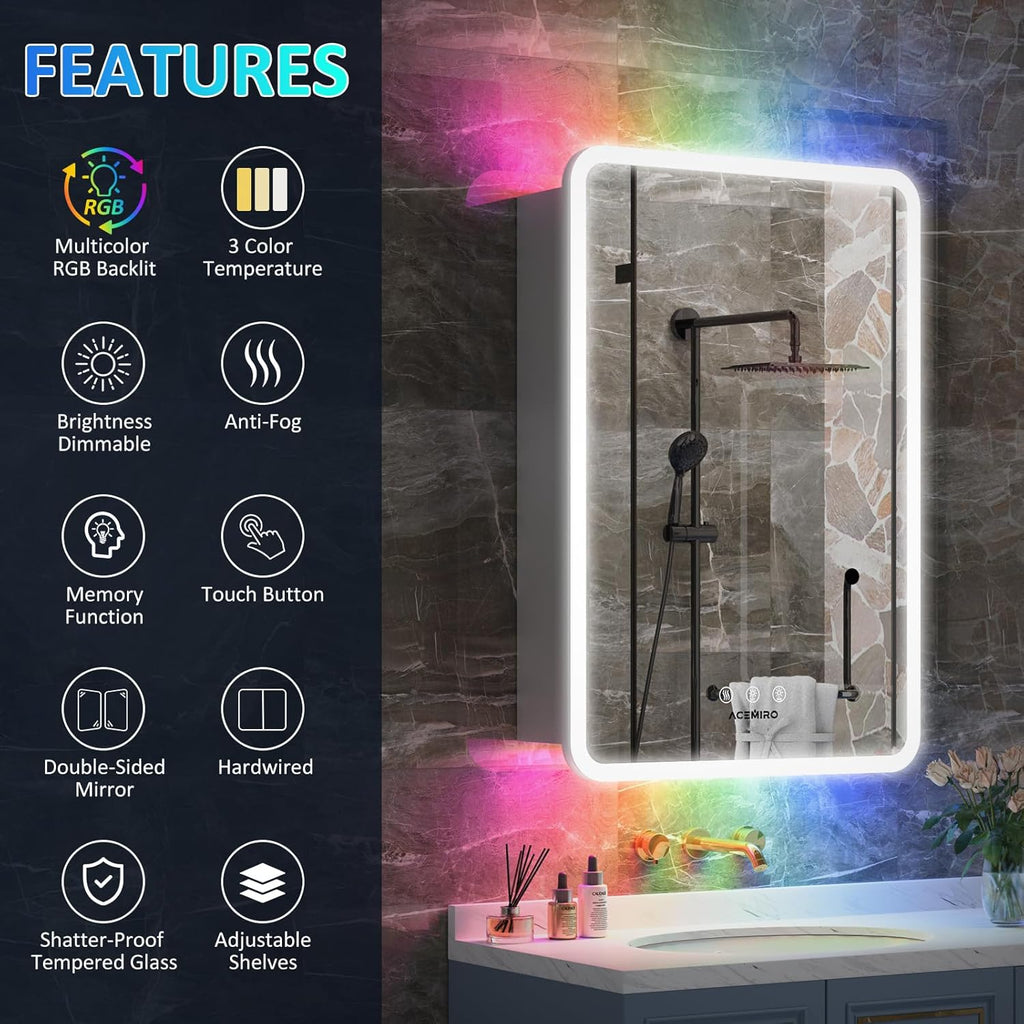 24×32 Inch LED Lighted Medicine Cabinet, Bathroom Medicine Cabinet with Mirror and Lights, RGB Multicolor Backlit, Adjustable Front Lighted, Defogger, Dimming, Memory Function, Wall Mounted