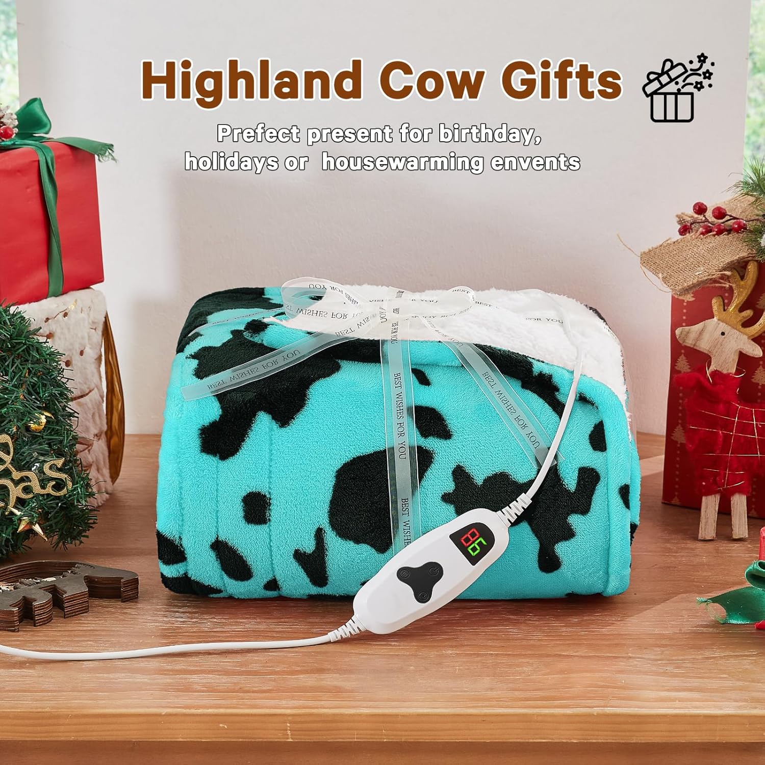 Cow Print Heated Electric Blanket Twin Size,62X84 Green Heating Blanket with 10 Heats Levels & 8 Hours Auto Off,Highland Cow Fleece Sherpa Blankets Warmer Gifts for Women Adults Couch,Washable