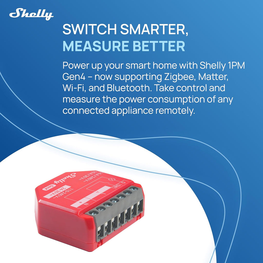 Shelly 1PM Gen4 | Wi-Fi, Zigbee, Matter Smart Relay Switch with Power Metering, 1-Channel 16A | Home Automation | Alexa, Google Home, Apple HomeKit Compatible | iOS Android App | No Hub