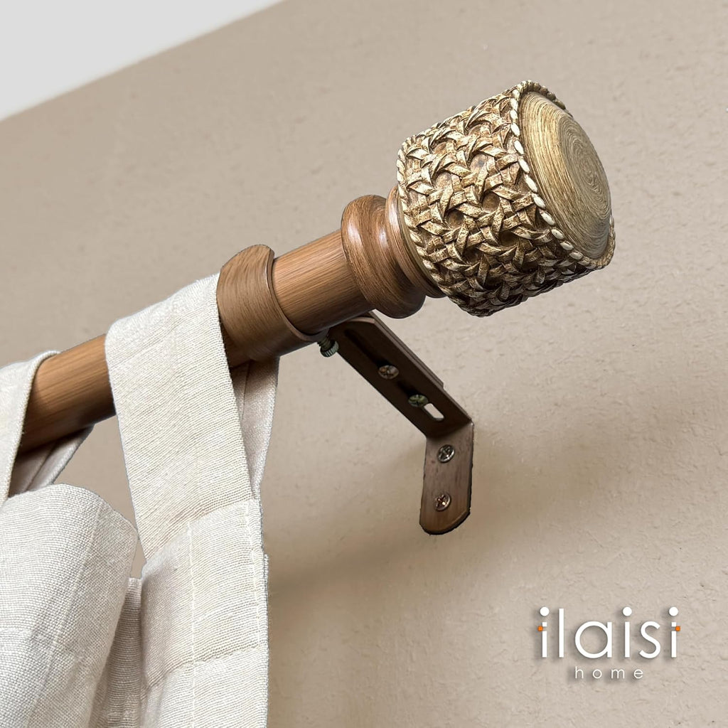 1-1/8 Inch Diameter Faux Wood Curtain Rods with Faux Rattan Cane Woven Finials, 36-72'' Telescoping Single Curtain Rods for window width 24-68 inch, 1 pack