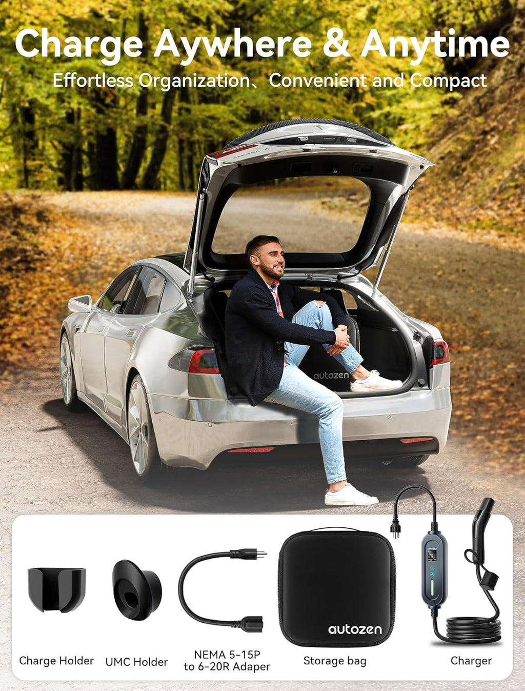 16A Level 1/2 Charger for Tesla [Adjustable Current, Delay Charge & Smart Display] NACS Mobile/Home Charger, NEMA 6-20/5-15 Plug, 110-240V, 21ft Mobile Connector Cable for Model X/Y/3/S/Cybertruck