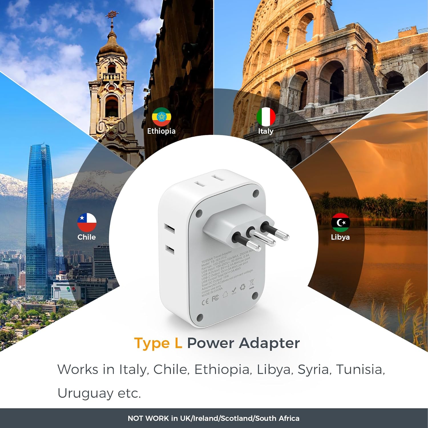 Italy Travel Plug Adapter 2 Pack, TESSAN Italy Power Adaptor with 4 Outlets 3 USB Charger (1 USB C Port), Type L Adapter for US to Chile Libya Syria Tunisia Uruguay
