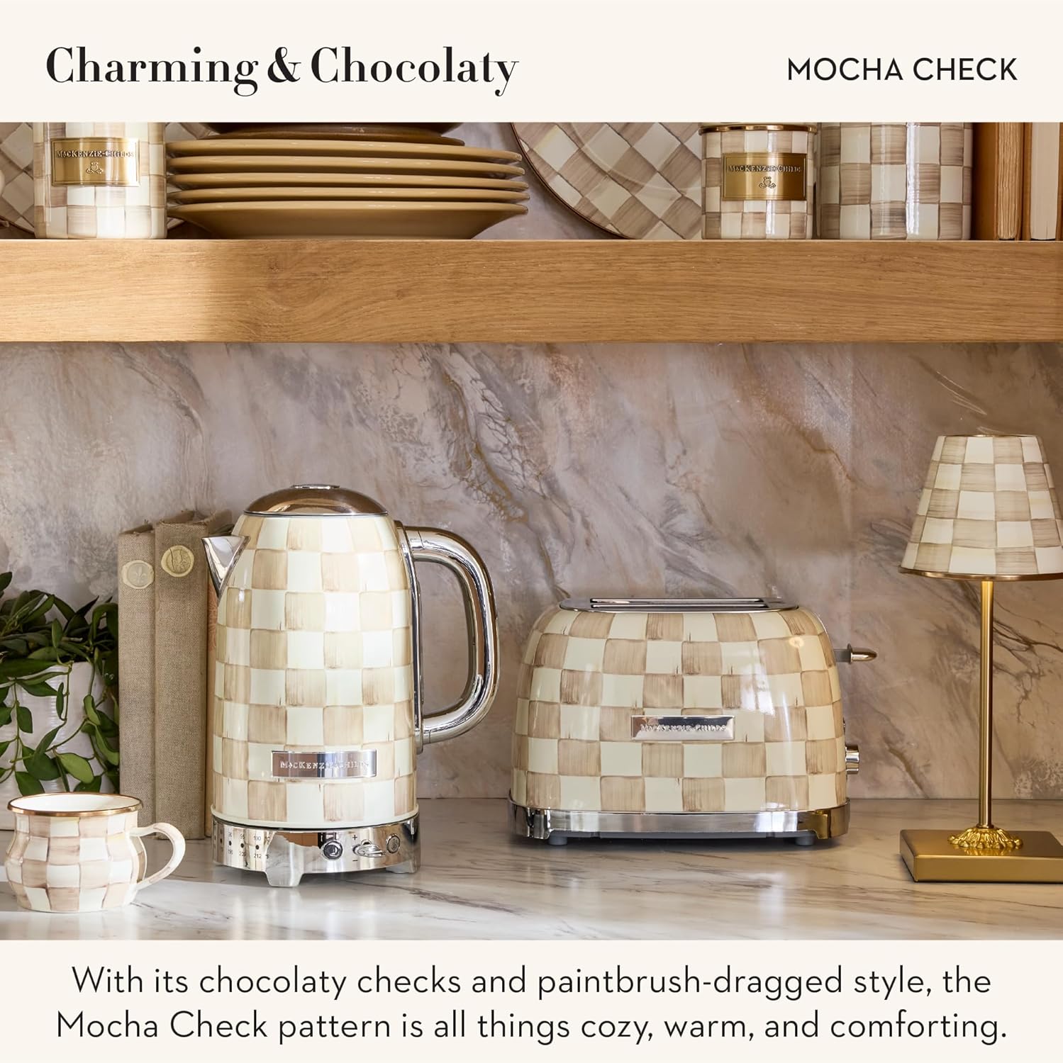 MACKENZIE-CHILDS 2-Slice Toaster, Decorative Toaster for Kitchen, Brown-and-White Mocha Check