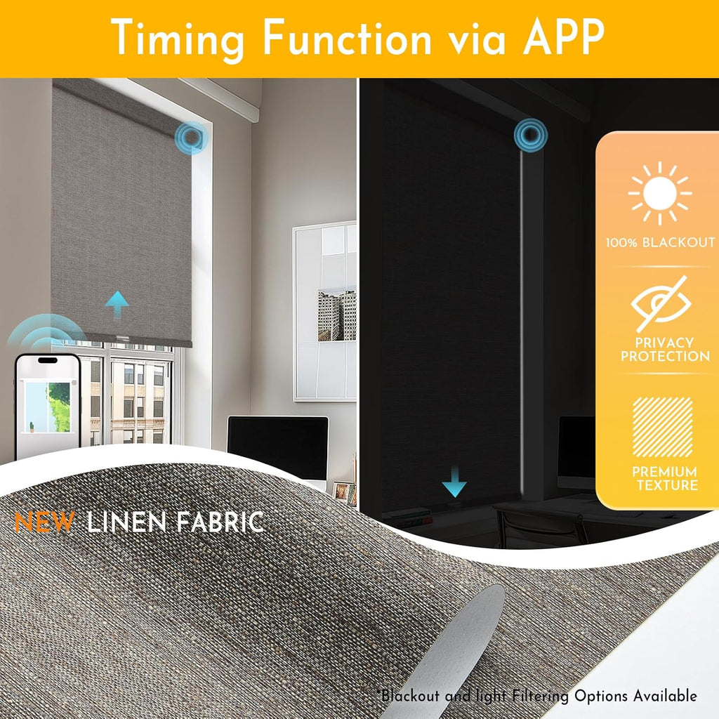 Persilux Smart Motorized Blinds with Remote, No Drill Automatic Roller Shades for Indoor Windows, Blackout Linen Fabric, Electric Blinds for Windows, Linen Brown C156BO-4, Custom Size
