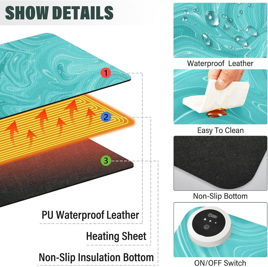 Heated Desk Pad Mouse Pad 31.5x13 Inch PU Leather Desk Mat with 3 Heat Levels Large Mouse Gaming Computer Laptop Mat Teal Fluid