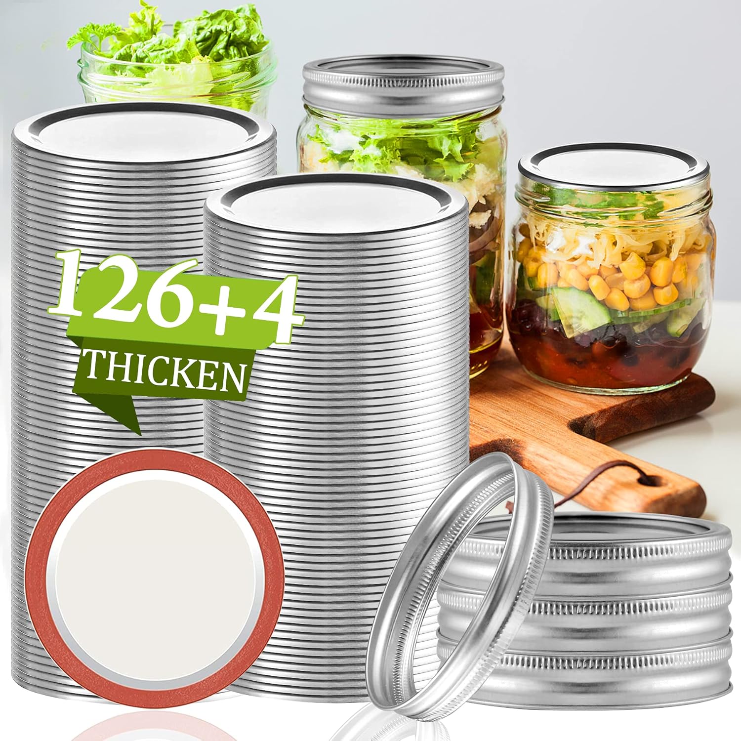 Aliggbent Canning Lids 130PCS, Mason Jar Lids Wide Mouth 86MM Canning Lids Anti-Rust and Leak Proof Airtight Split-Type Lids Silver Canning Flats with Silicone Seals for Mason Jars