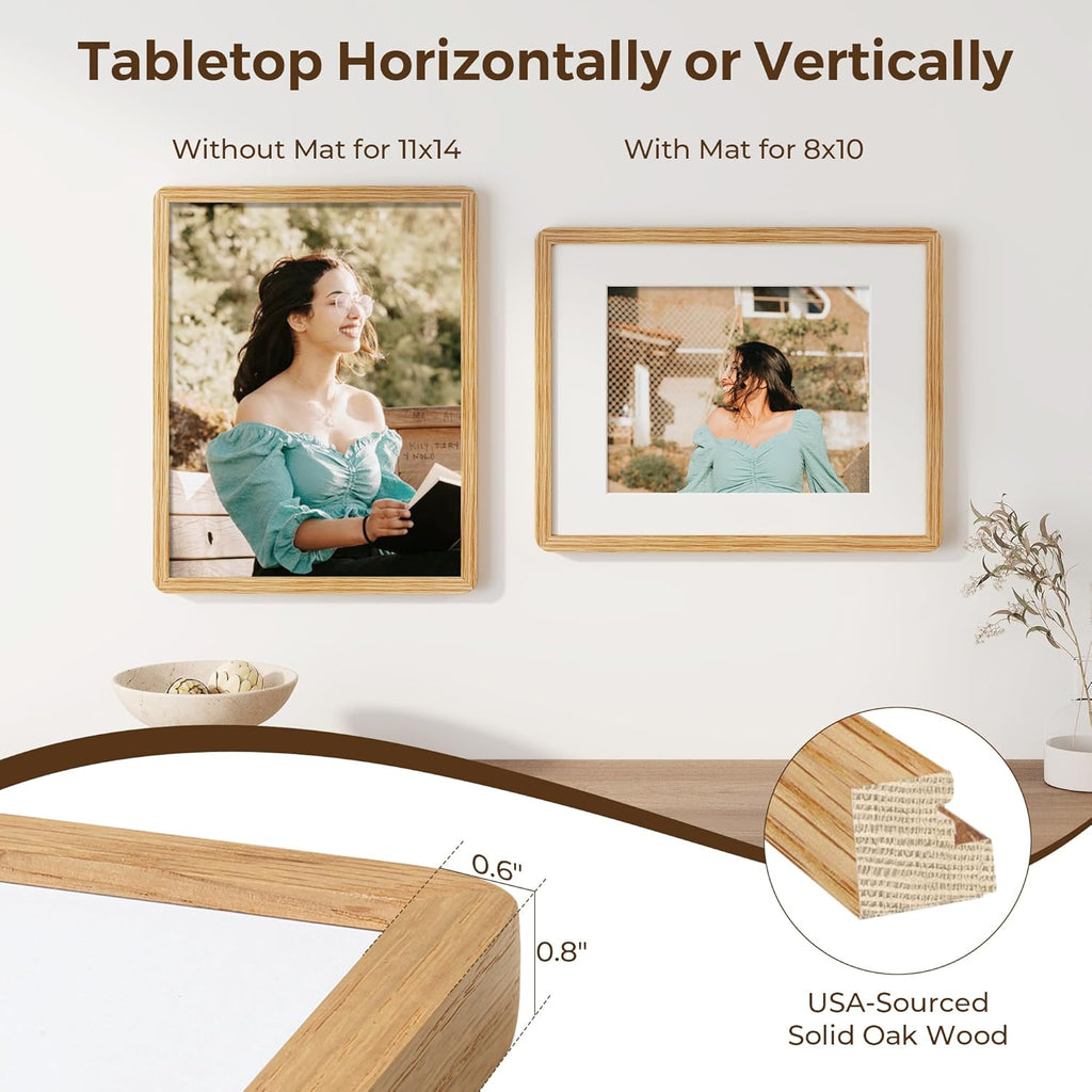 11x14 Picture Frame, Solid Oak Wood Frame 11 x 14 for Wall, Rustic Wooden Frames 11 by 14 with Tempered Glass, 11x14 Frame with Mat for 8x10, Home Decor Photo Frames 11"x14", Natural Oak Color, 1 Pack