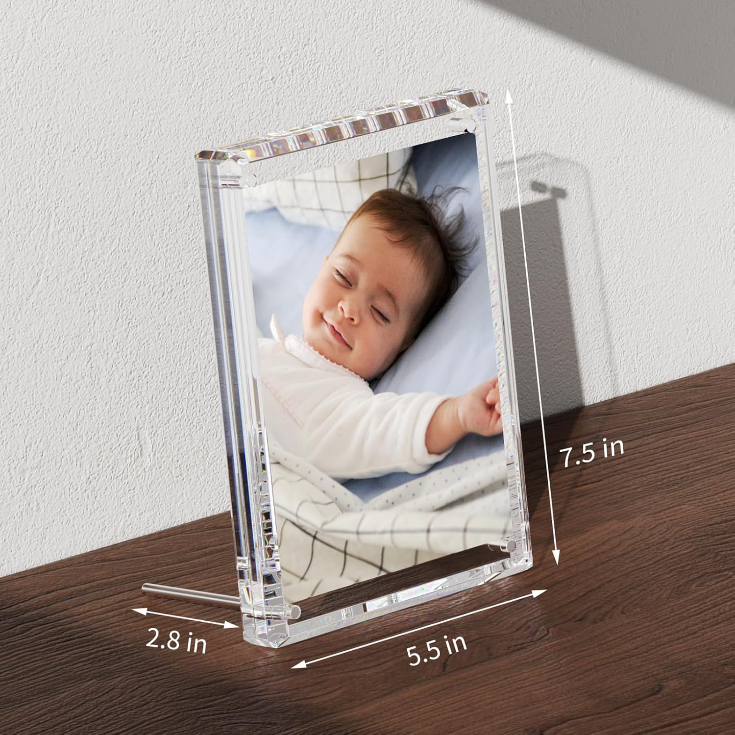 NIUBEE 5x7 Acrylic Picture Frames, Clear Photo Frame for Living Room, Diamond Edge Design, Portrait and Landscape Magnetic Family Thick Desktop Frame
