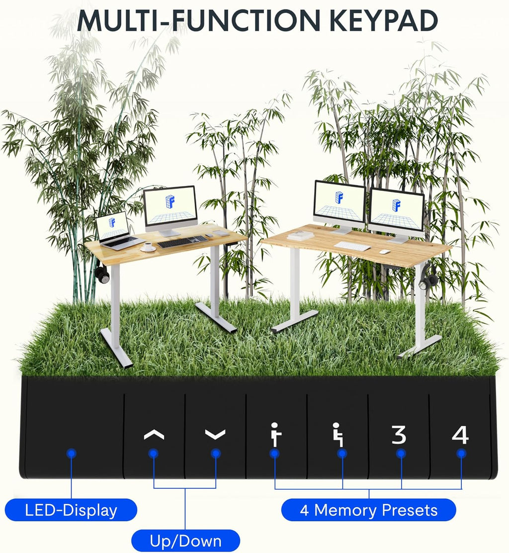FLEXISPOT EN1 Bamboo Standing Desk, 55 x 28 Inches Whole-Piece Electric Adjustable Height Sit Stand Desk for Home Office (White Frame + Bamboo Top, 2 Packages)