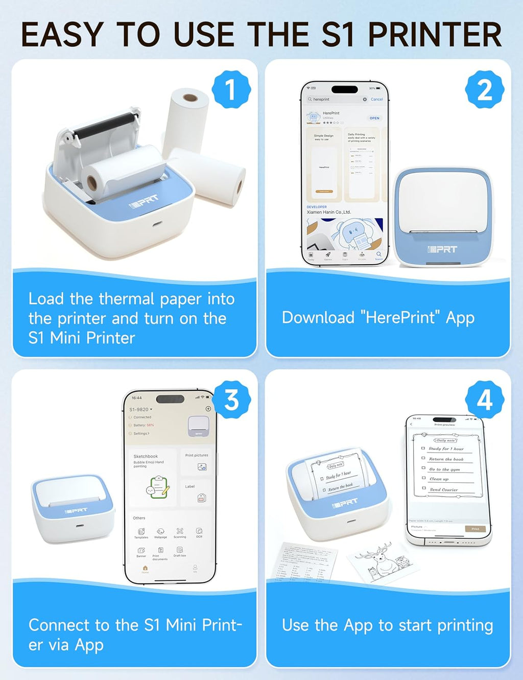 iDPRT Portable Sticker Maker Machine with 1 Roll Sticker Paper, Mini Printer Efficiently and Quickly, Thermal Printer for Study Notes, Pictures, DIY, Label, Free App with Multiple Templates,Blue