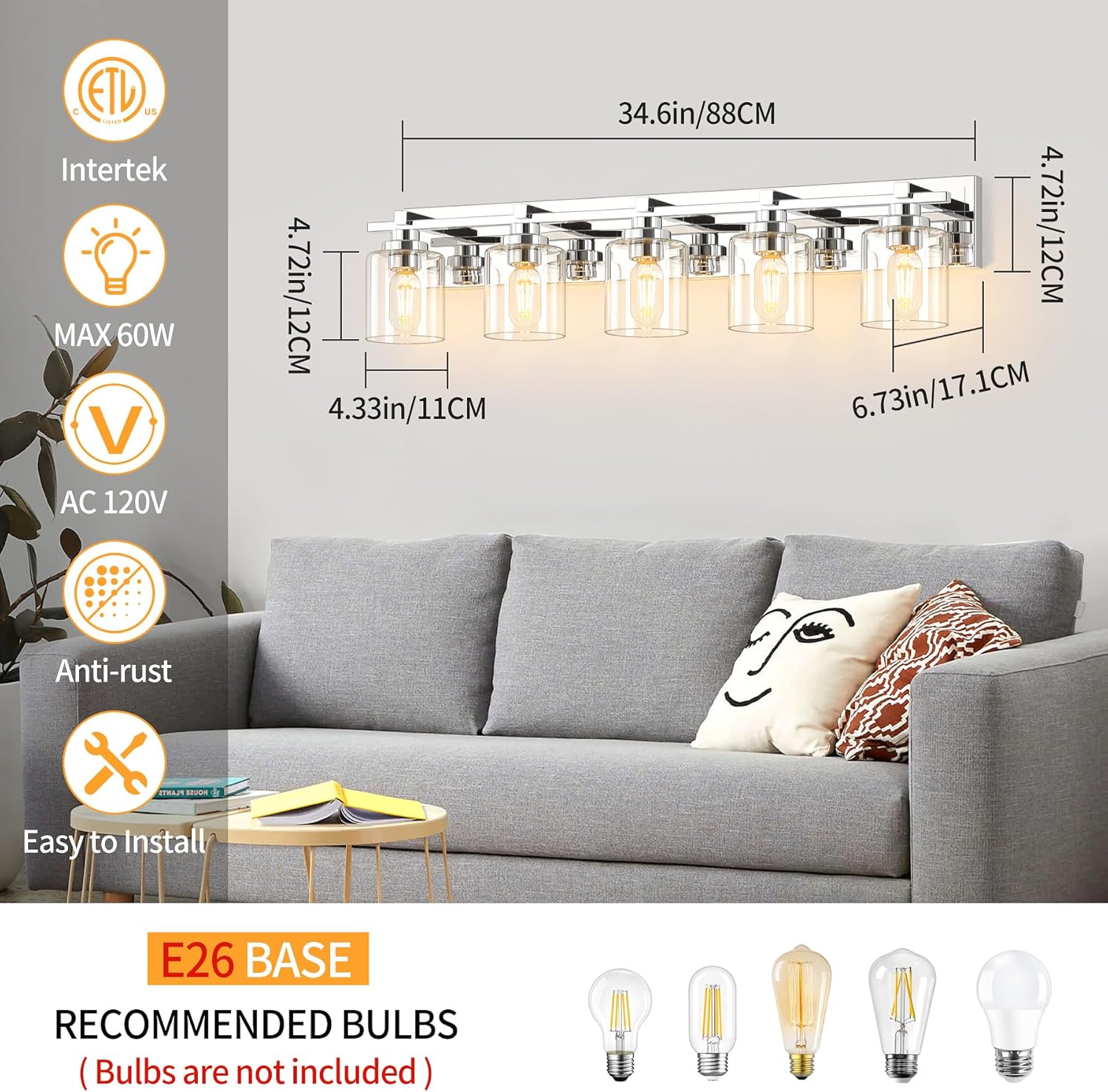 5 Light Modern Bathroom Light Fixtures Over Mirror, Chrome Vanity Lights for Bathroom Wall Sconces with Clear Glass Shades, E26 Socket (Bulbs Not Included)