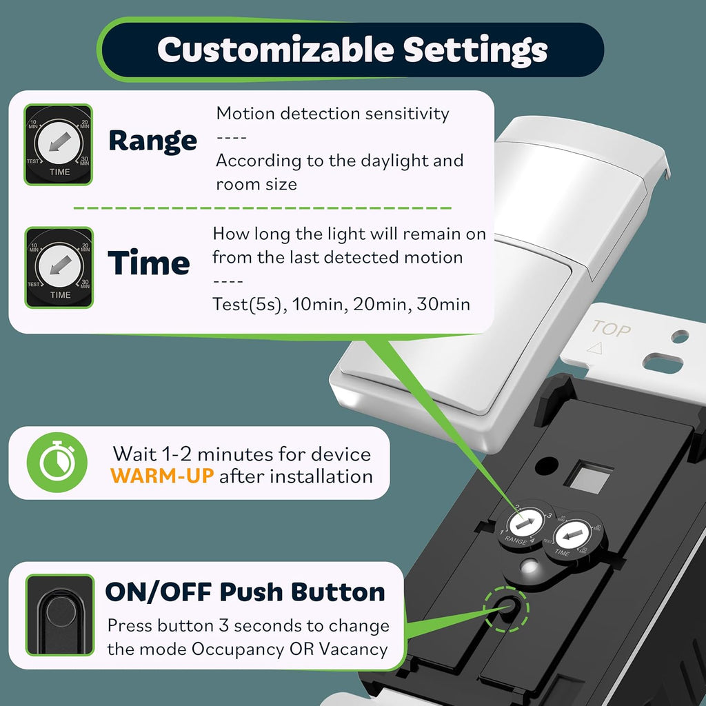 TOPGREENER PIR Motion Sensor Light Switch, Occupancy & Vacancy Motion Sensor Switch, 𝐎𝐩𝐞𝐫𝐚𝐛𝐥𝐞 𝐖𝐢𝐭𝐡𝐨𝐮𝐭 𝐆𝐫𝐨𝐮𝐧𝐝 𝐖𝐢𝐫𝐞, No Neutral Wire, Single Pole, TDOS5-HL-W, White