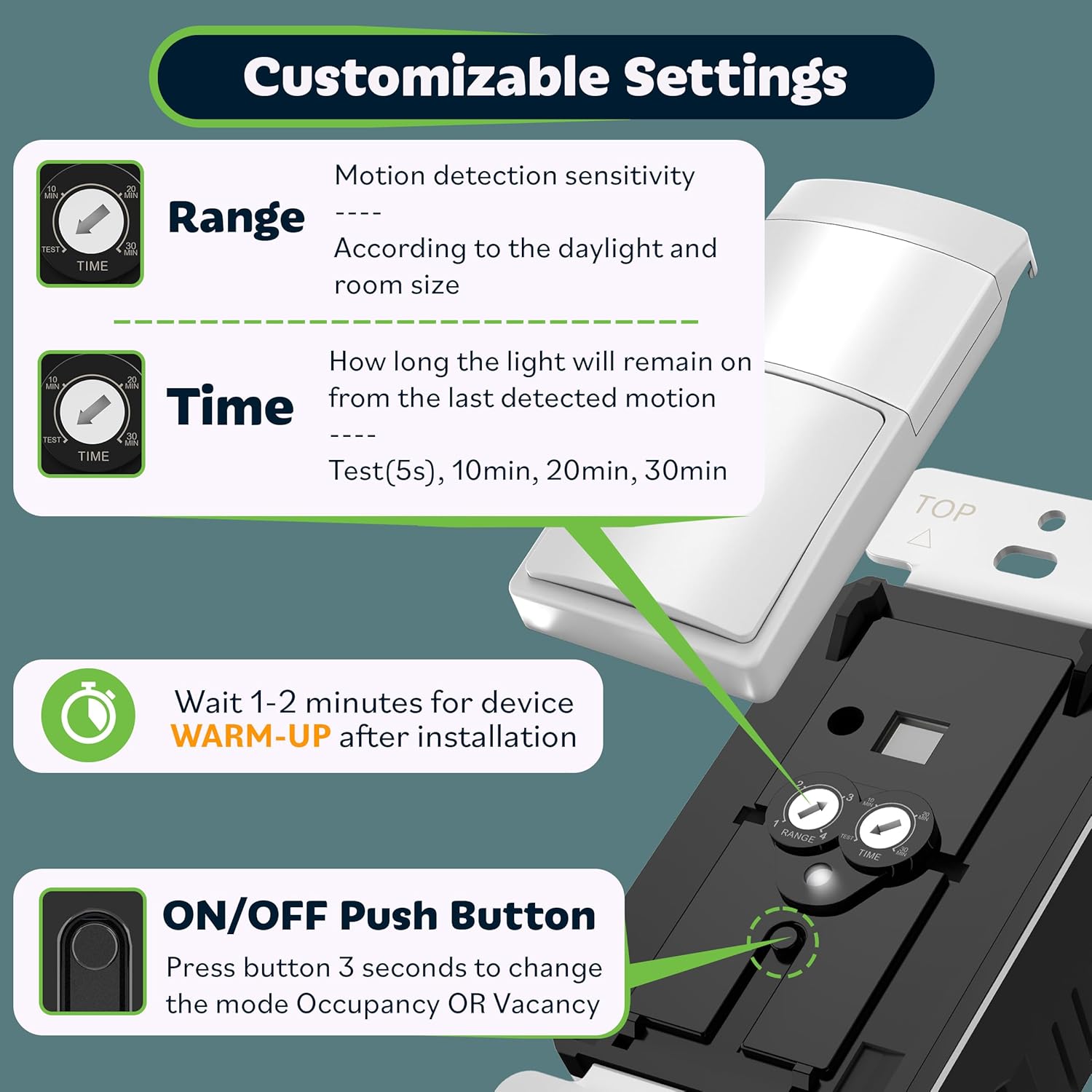 TOPGREENER PIR Motion Sensor Light Switch, Occupancy & Vacancy Motion Sensor Switch, Operable Without Ground Wire, No Neutral Wire, Single Pole, TDOS5-HL-W-6PCS, White