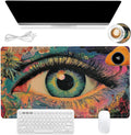 Heated Mouse Pad 23.6 x 14 in 3-Temp Fast Heating Desk Mat with Auto Timer Warmer for Hands Wrist Pain Relief Waterproof Keyboard Mat for Office, Gaming, Home, Colorful Eye Art