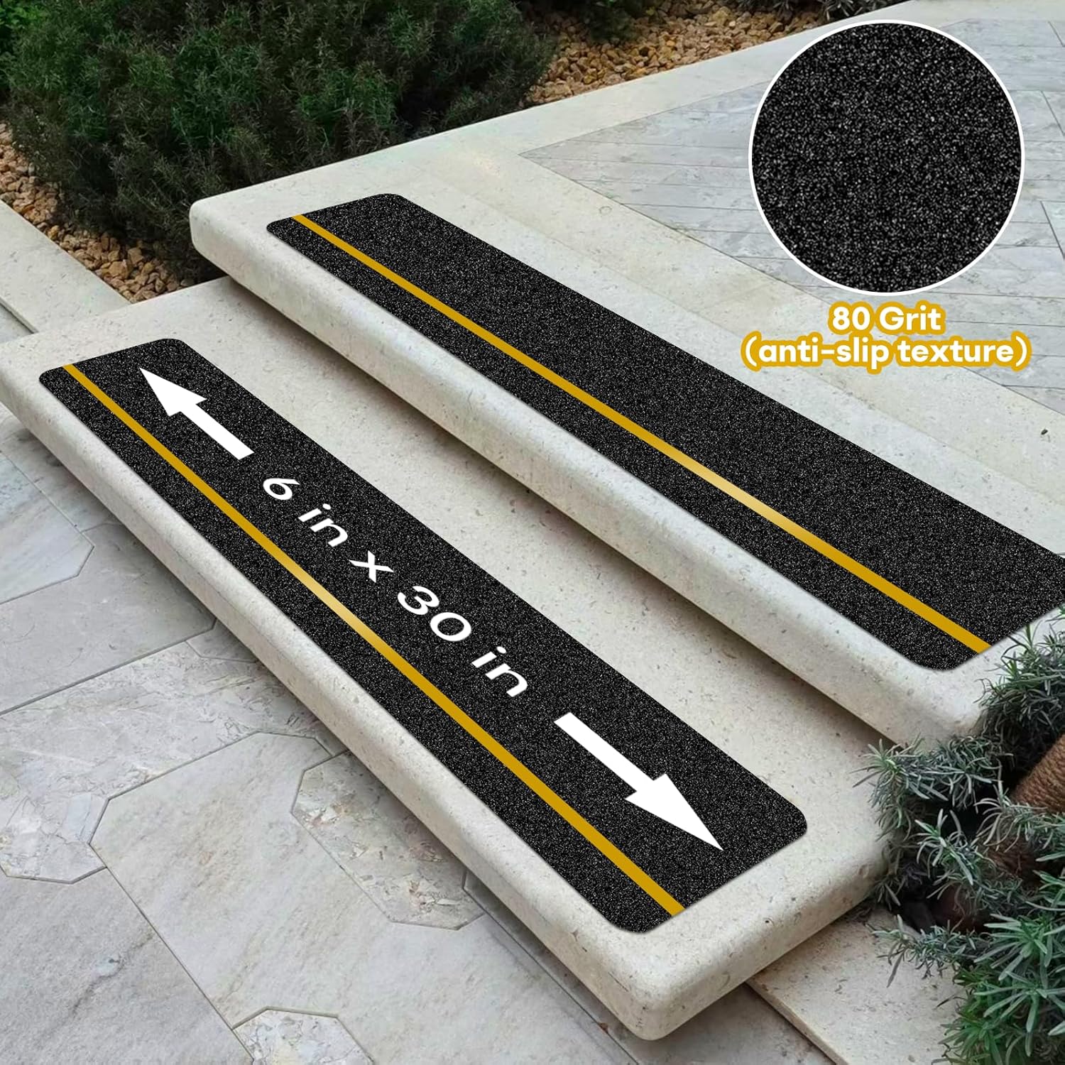 10 Pack Anti Slip Traction Treads with Reflective Stripe, 6” x 30” Grit Non Slip Waterproof Tape Pre-Cut Tape with Roller, High Traction Friction Abrasive Adhesive for Stairs Step, Black & Yellow