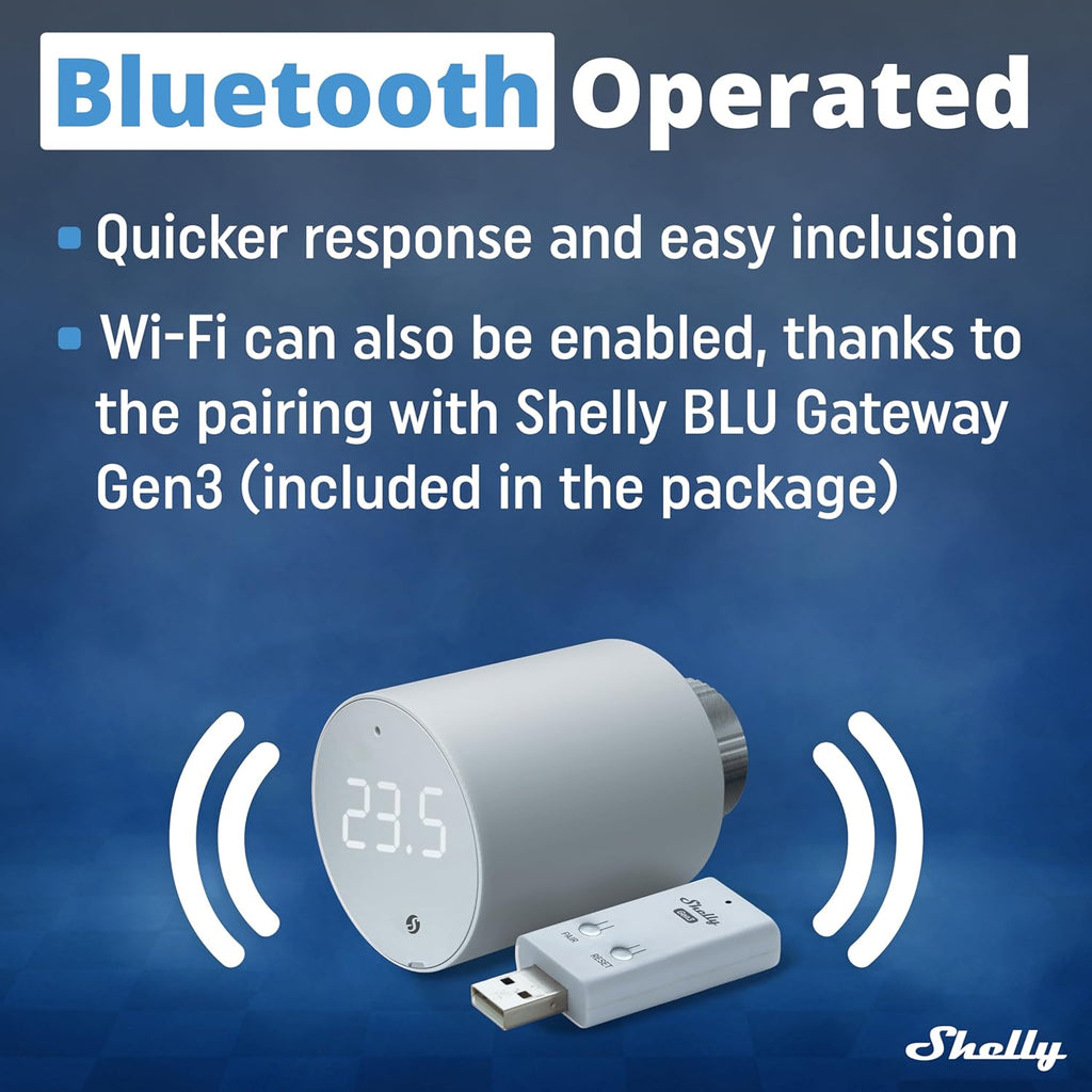 Shelly Blu TRV & Blu Gateway Gen3, Bluetooth-Operated Smart Thermostatic Valve, Smart Thermostatic Radiator Valve, Temperature Control, Home Automation, Compatible with Alexa, Google, Home Assistant