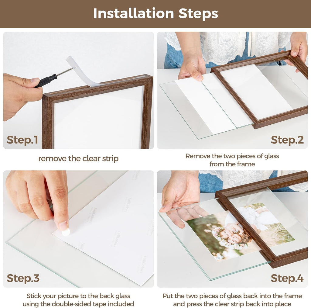 Axeman 4x6 Floating Picture Frame - Solid Oak Wood Picture Frame, Double Tempered Glass Photo Frame 2x3 3.5x5 4''x6'' Wood Frame, Wall Mount Or Tabletop Standing, Walnut