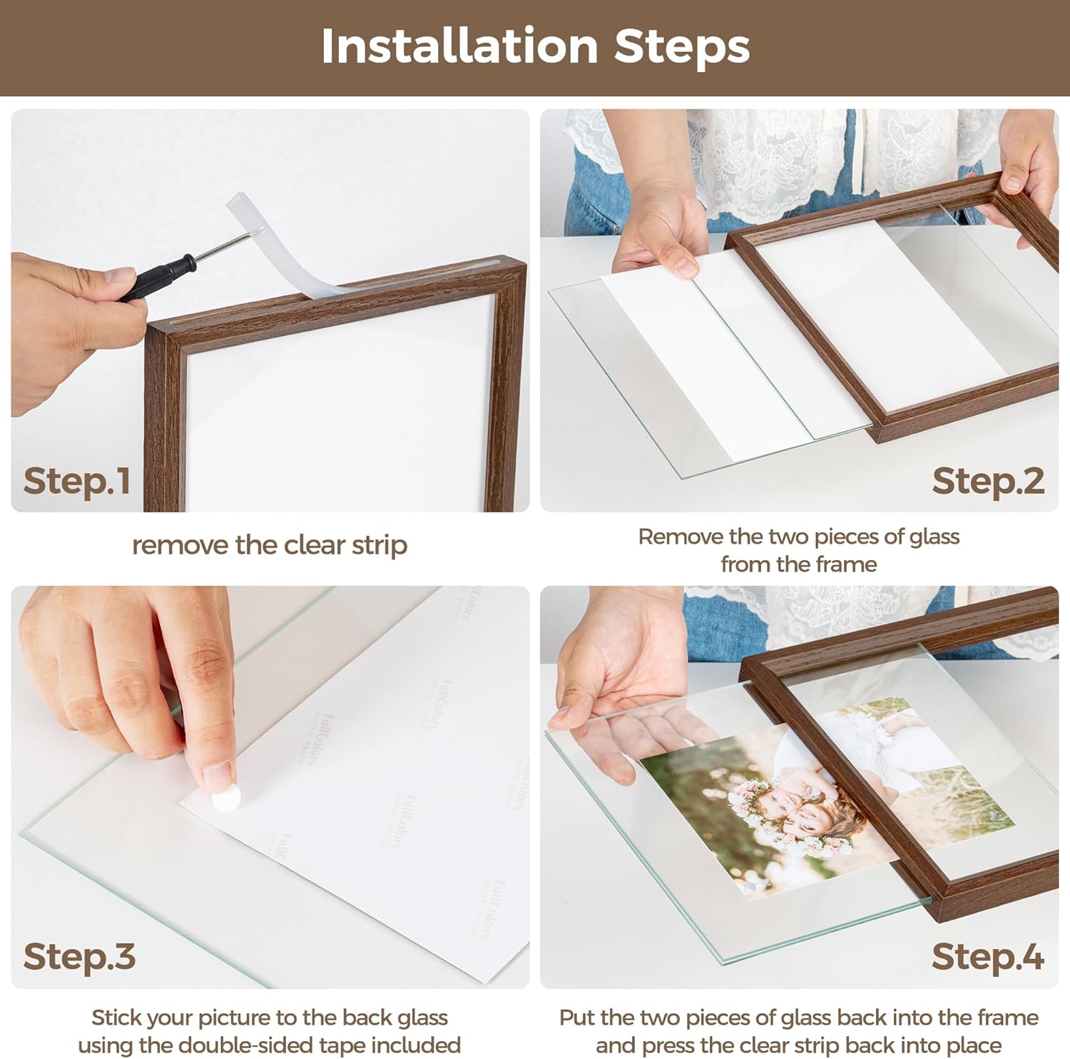Axeman 4x6 Floating Picture Frame - Solid Oak Wood Picture Frame, Double Tempered Glass Photo Frame 2x3 3.5x5 4''x6'' Wood Frame, Wall Mount Or Tabletop Standing, Walnut
