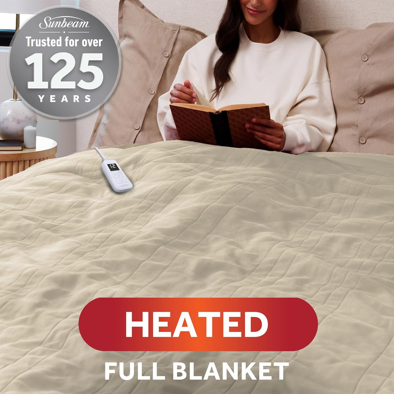 Sunbeam Royal Ultra Fleece Heated Electric Blanket Full Size, 84" x 72", 12 Heat Settings, 12-Hour Selectable Auto Shut-Off, Fast Heating, Machine Washable, Warm and Cozy, Pebble