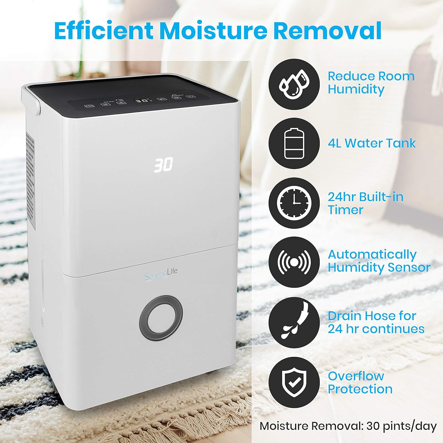 SereneLife 30-Pint Electric Home Compact Dehumidifier - 1500 Square Feet Quiet Electric Dehumidifiers For Home Closet Basement w/ 4L Water Tank Capacity, Removes - SLDEHU30